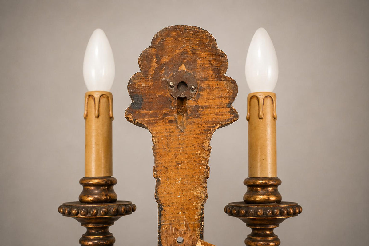 Vintage Giltwood Twin-Arm Wall Sconce Pair, Torch Form — French Louis XVI Style, 1950s