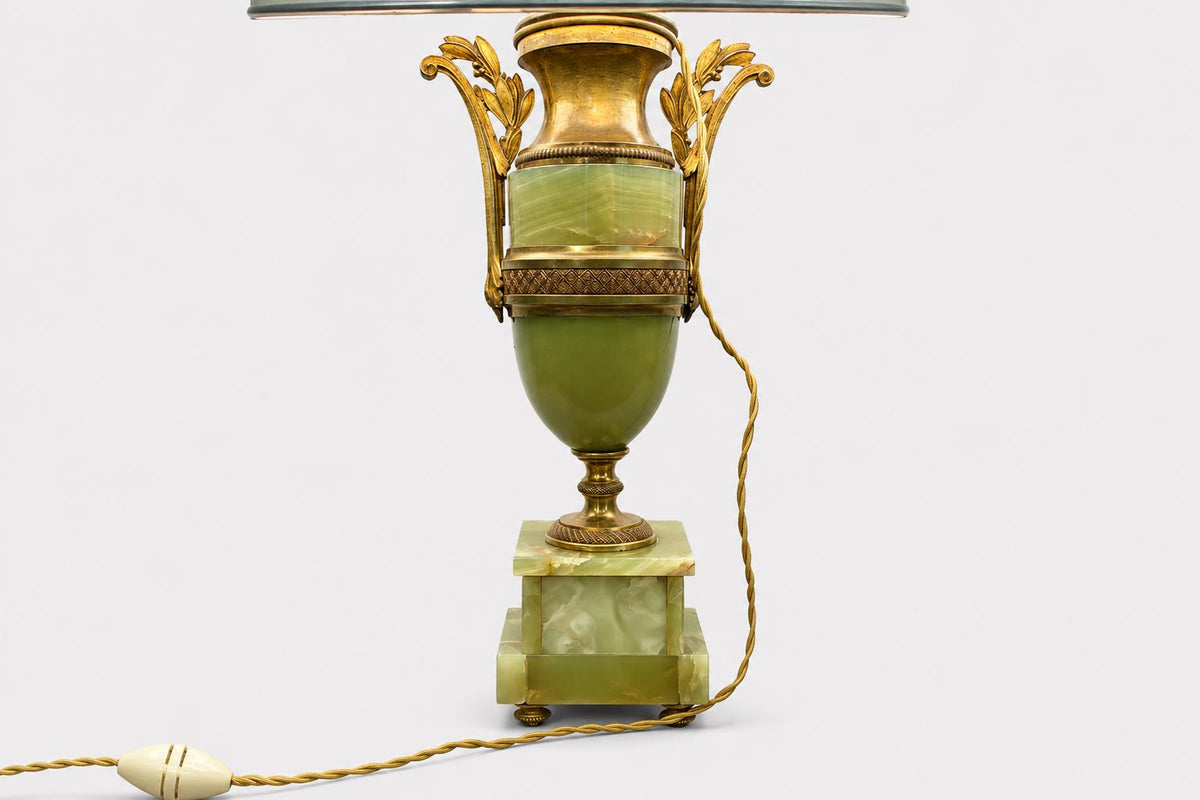Vintage Onyx and Gilt Brass Urn Lamp with Bronze Floral Mounts