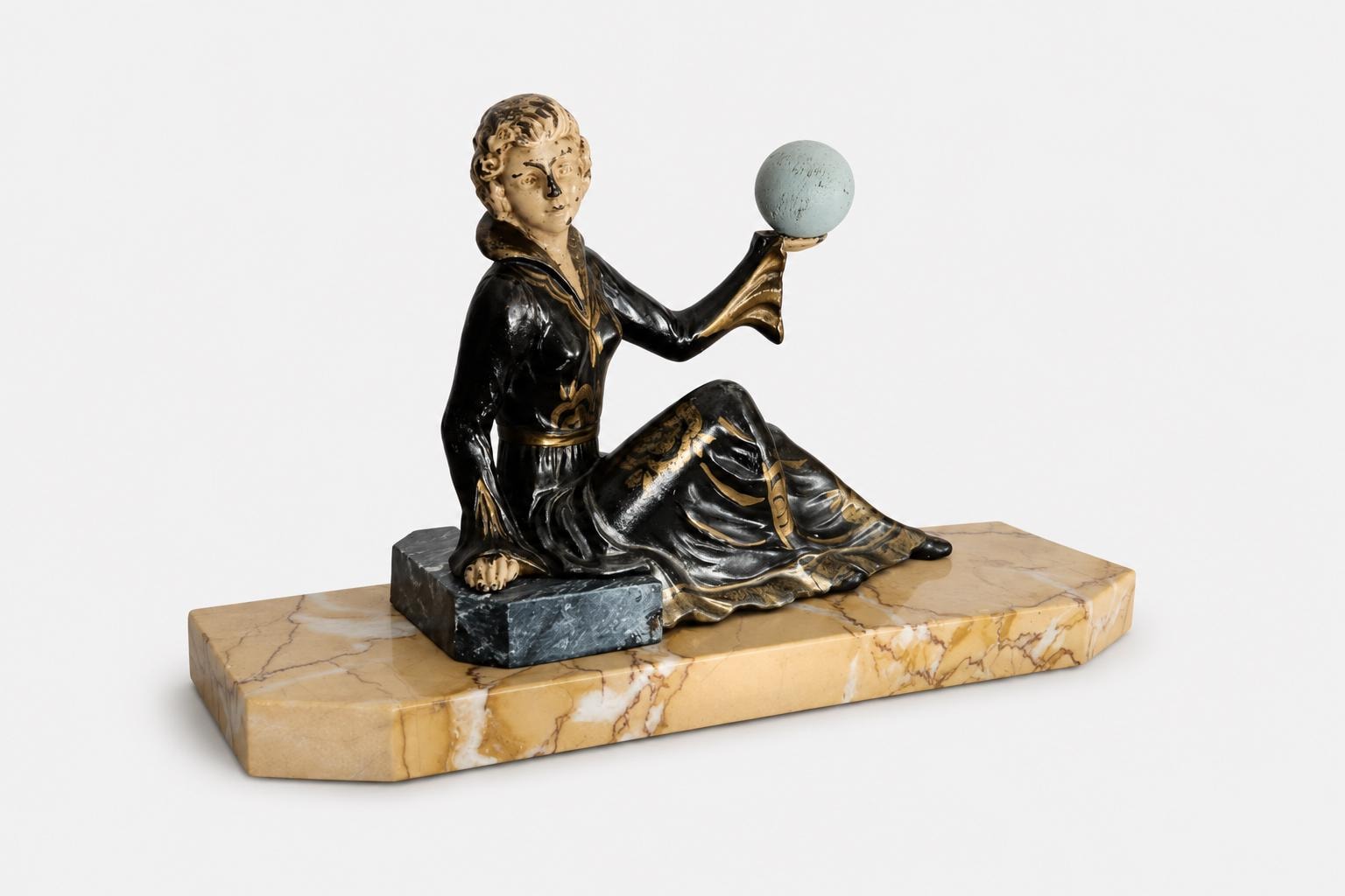Vintage Spelter Sculpture, Seated Lady with Sphere, Marble Base — Art Deco Style, 1970s