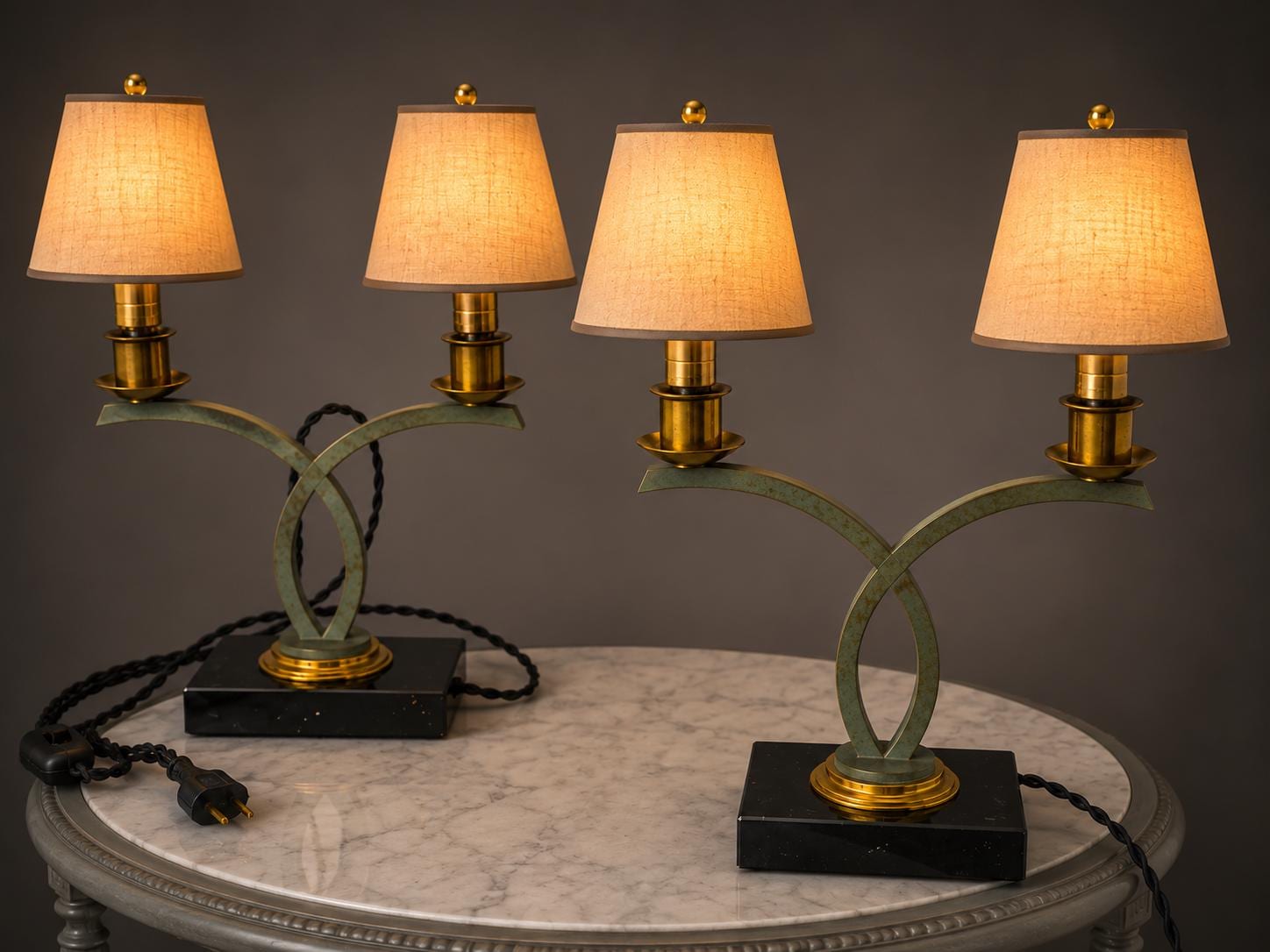 Vintage Sculptural Table Lamp Pair, Sage Green Loop Arms, Marble Base — Art Deco Style, 1950s
