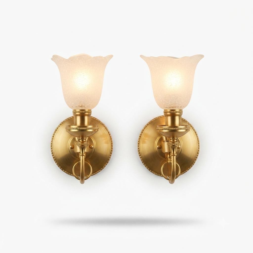 Vintage Brass Wall Sconces, Frosted Textured Tulip Glass Shades, Pair
