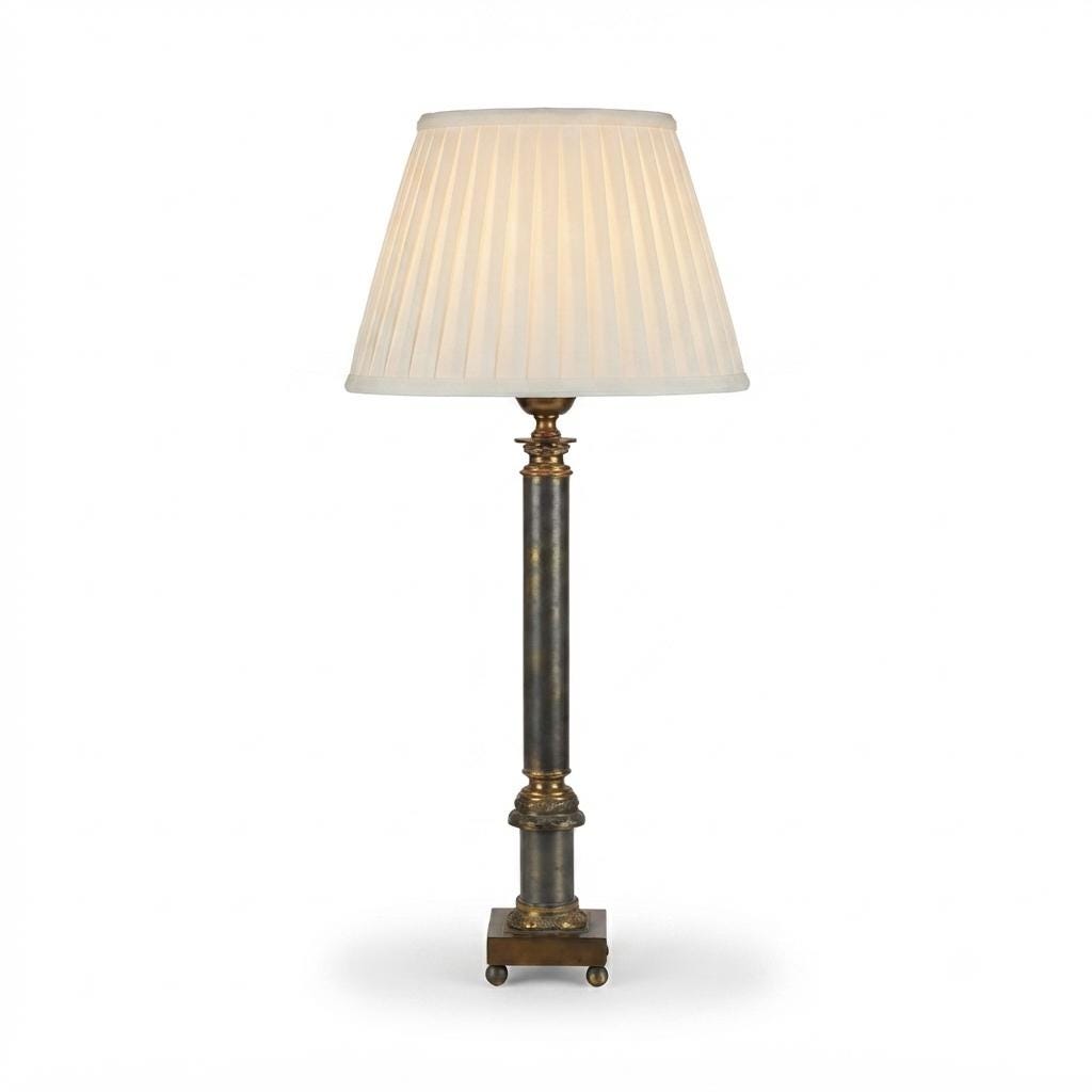Antique Brass Corinthian Column Table Lamp, Neoclassical Candlestick Lamp with New Pleated Shade