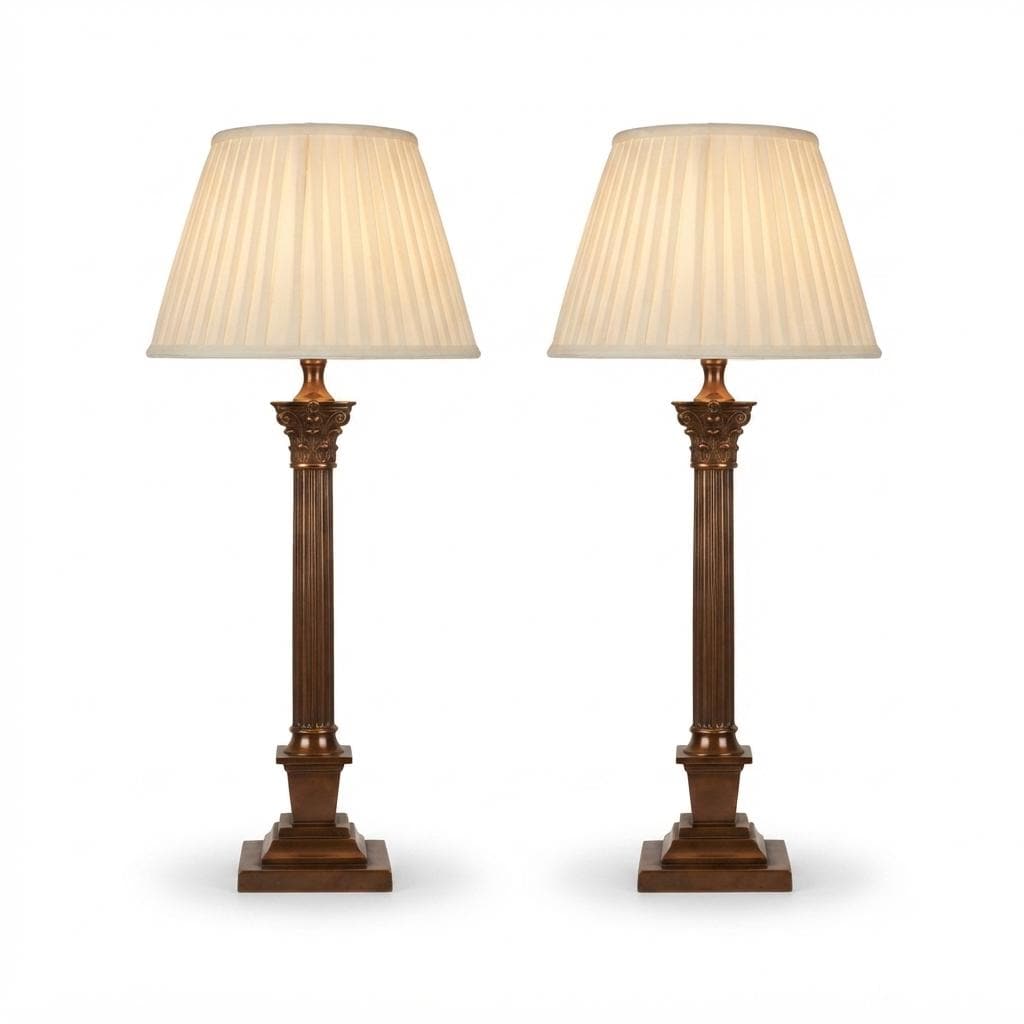 Pair of Antique Brass Corinthian Column Table Lamps, Fluted Column Lamps with New Pleated Shades