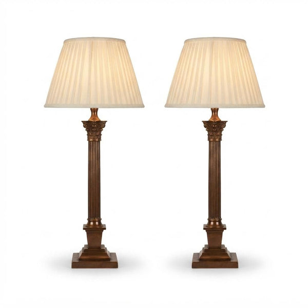Pair of Antique Brass Corinthian Column Table Lamps, Fluted Column Lamps with New Pleated Shades