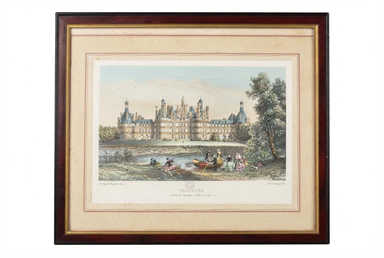 Antique Framed Print of Château de Chambord, Hand-Colored Lithograph by Deroy, French Castle View