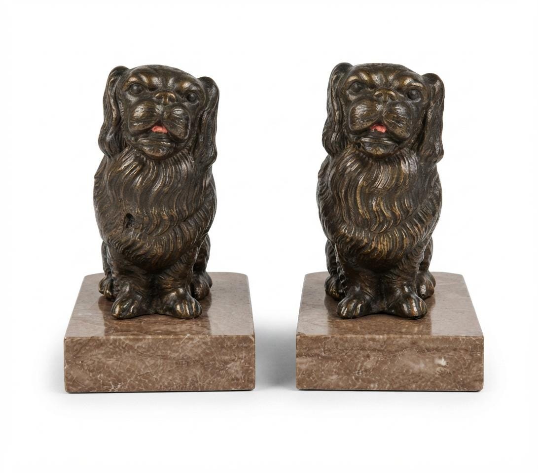 Pair of Spelter Dog Bookends, Pekingese or Tibetan Spaniel Figures on Marble Bases, Vintage Régule Bookends