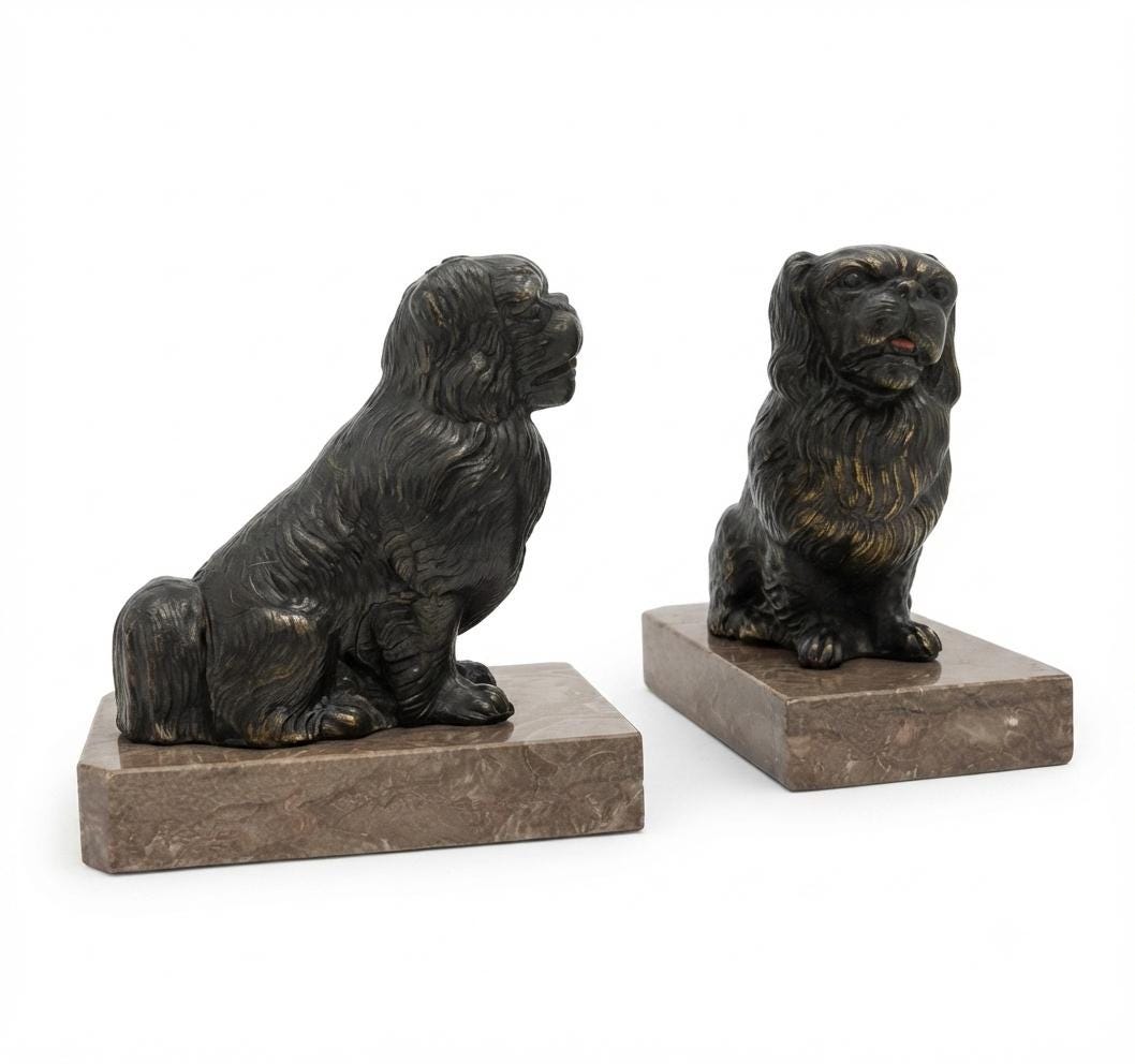 Pair of Spelter Dog Bookends, Pekingese or Tibetan Spaniel Figures on Marble Bases, Vintage Régule Bookends