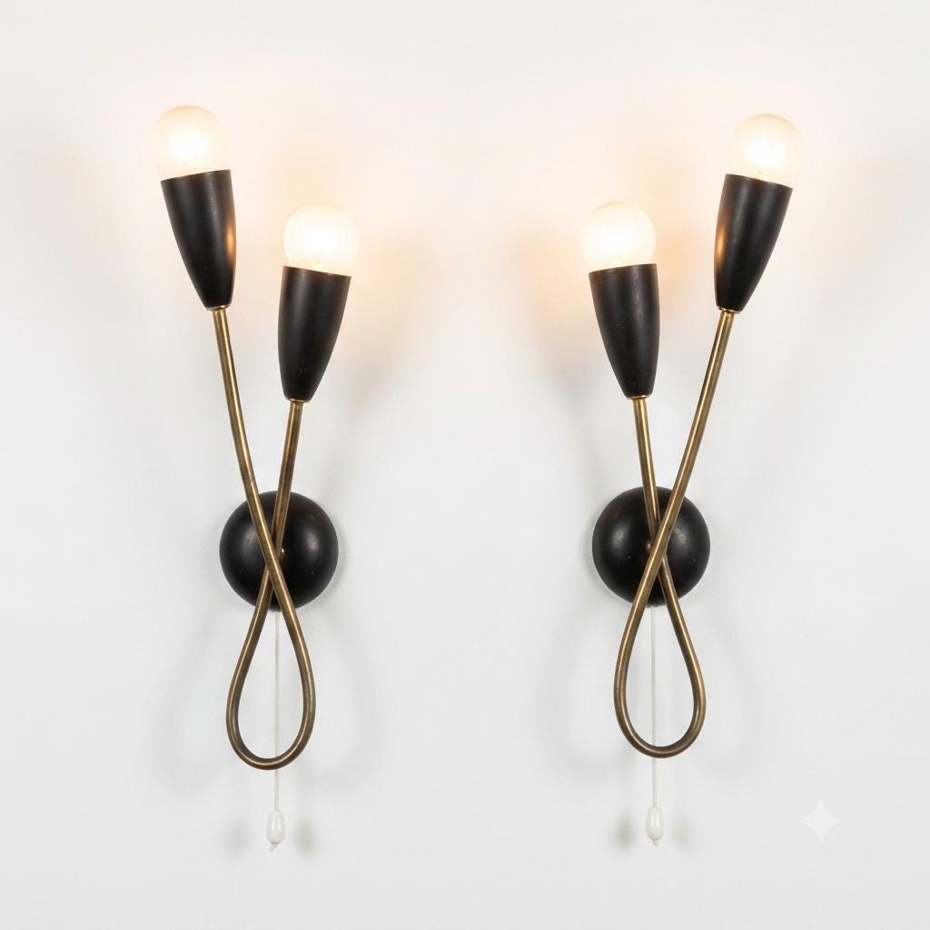 Pair of Mid-Century Atomic Sputnik Wall Sconces, Brass Loop Sconces with Black Cone Shades, Space Age Style