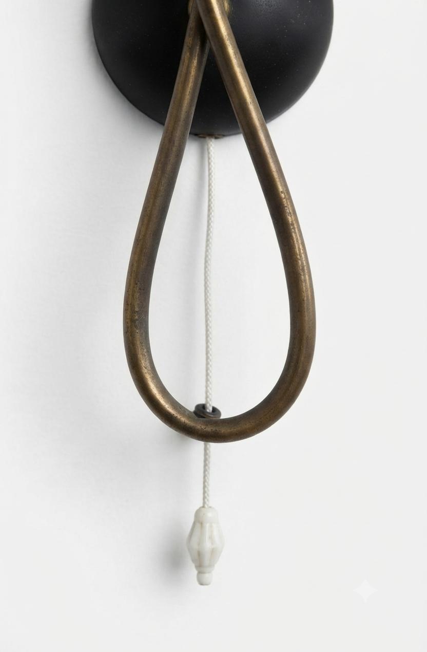 Pair of Mid-Century Atomic Sputnik Wall Sconces, Brass Loop Sconces with Black Cone Shades, Space Age Style