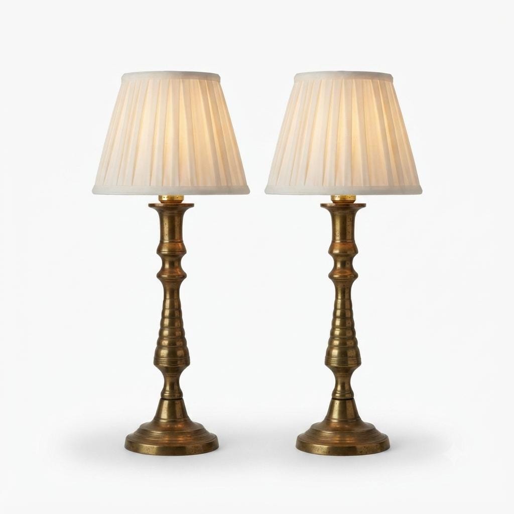 Pair of Antique Brass Candlestick Lamps, Turned Baluster Table Lamps, Converted Candlesticks