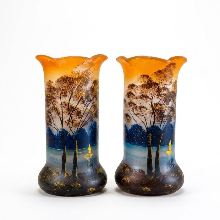 Antique Satin Glass Vase Pair, Hand-Painted Enamel Landscape — French, circa 1900