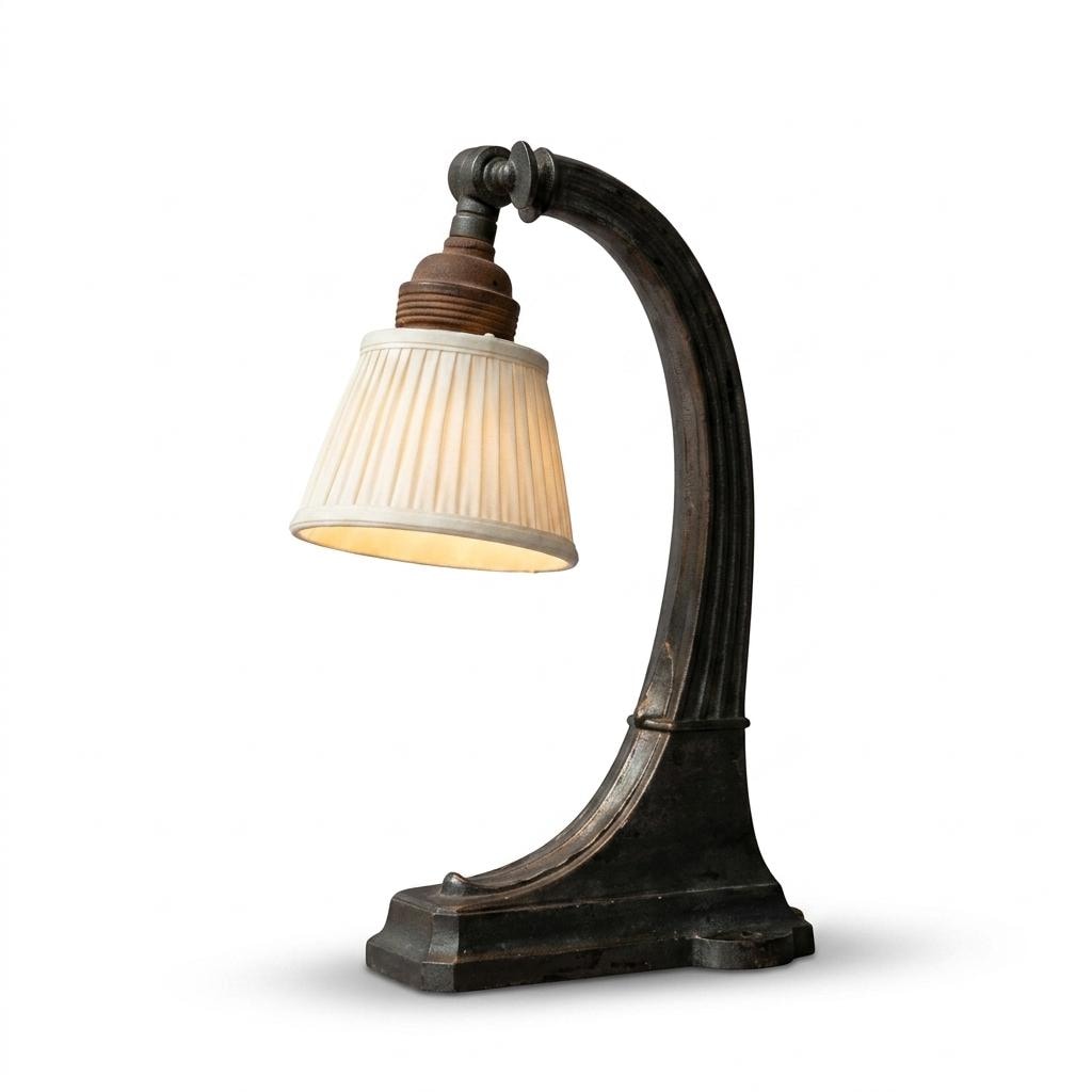 Antique Brass Gooseneck Desk Lamp, Fluted Stepped Base — American, circa 1920s