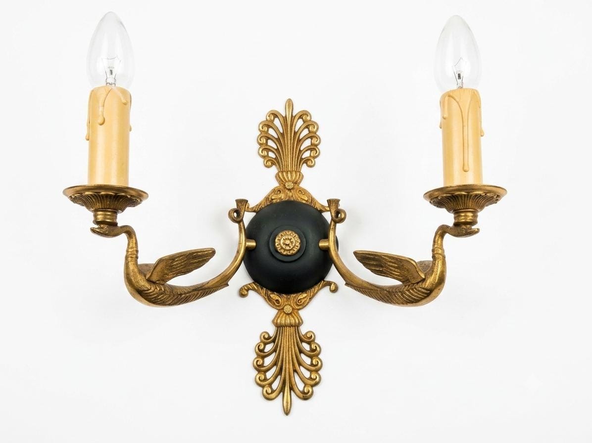 Pair of Antique Bronze Wall Sconces, Two-Arm Sconces with Scrolled Bird-Form Arms and Fan Motif