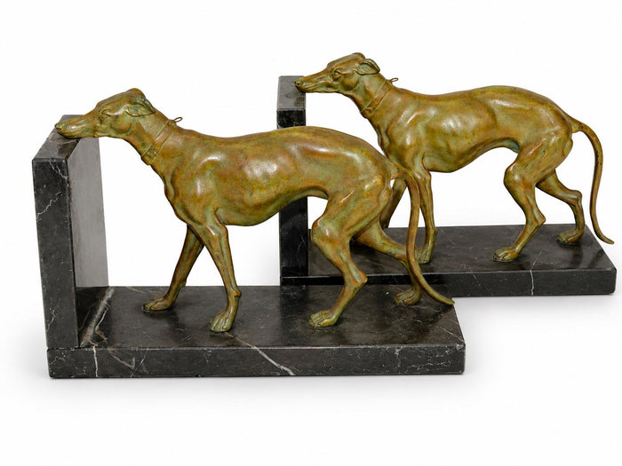 Pair of Art Deco Greyhound Bookends, Régule Dog Figures with Bronze Patina on Black Marble Bases