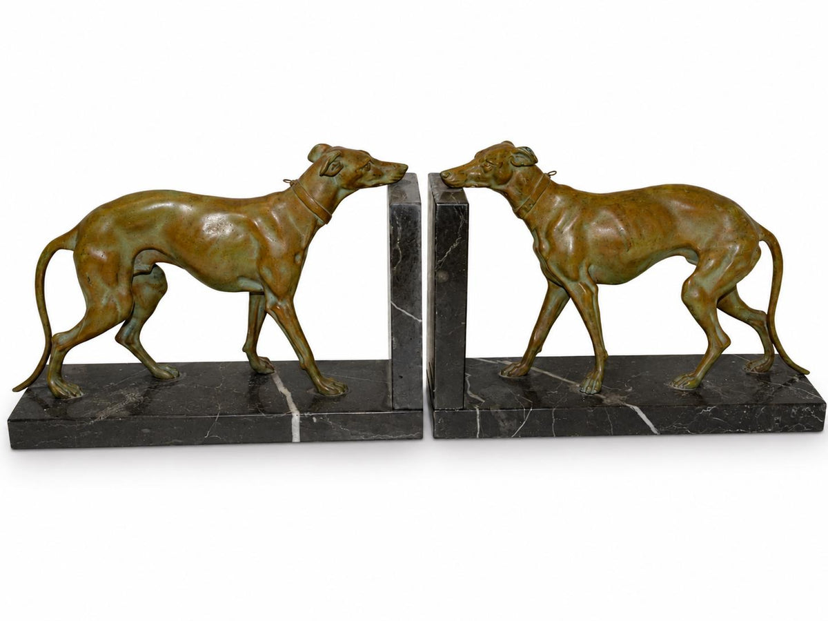 Pair of Art Deco Greyhound Bookends, Régule Dog Figures with Bronze Patina on Black Marble Bases