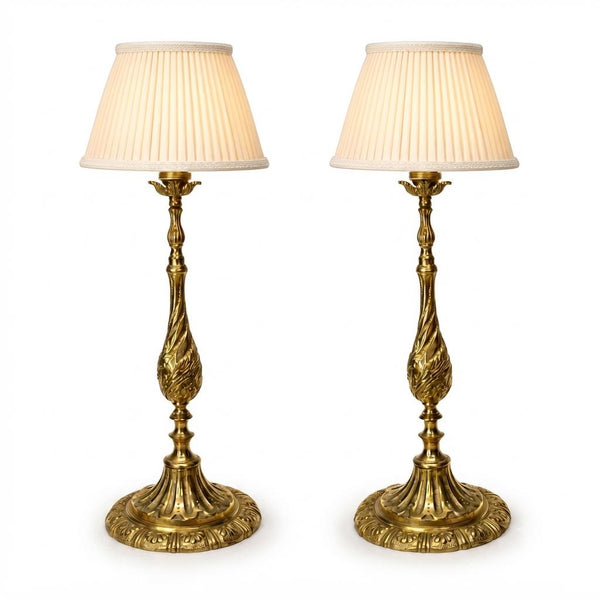 Victorian Style Gilt Brass Candlestick Lamp Pair, Twist-Carved Stem — Mid-20th Century