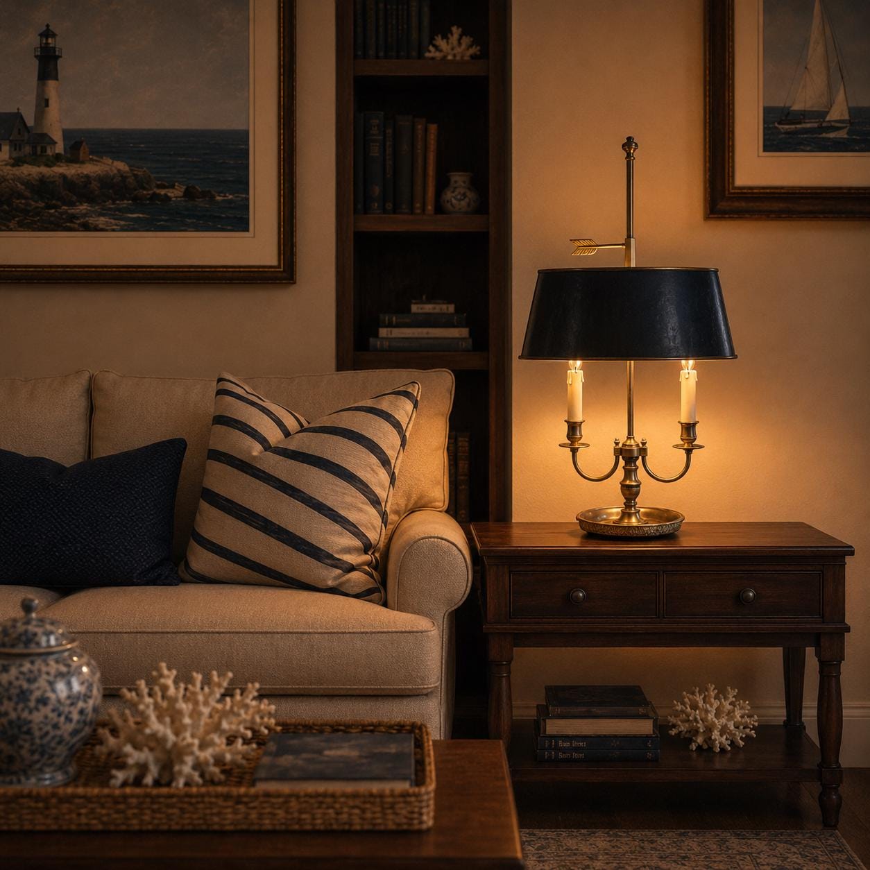 Bronze Two-Arm Bouillotte Lamp, Black Tole Shade with Arrow Finial — Empire Style, France