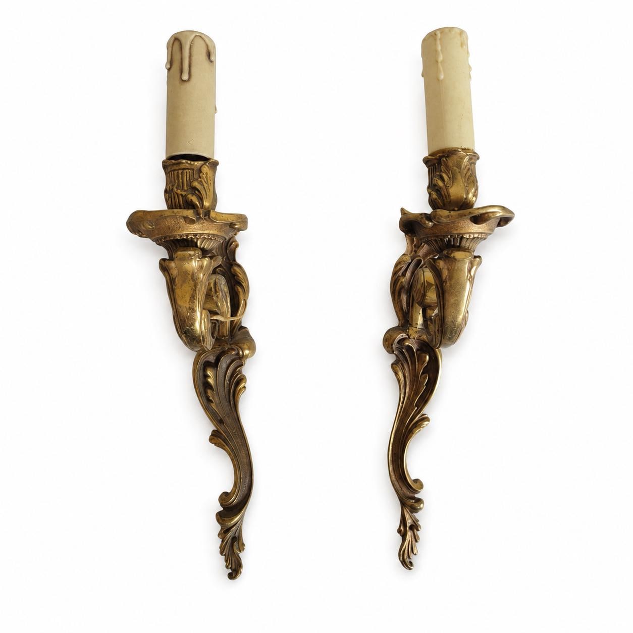 Pair of Antique Brass Wall Sconces, Rococo Style Scrolled Single Arm Sconces