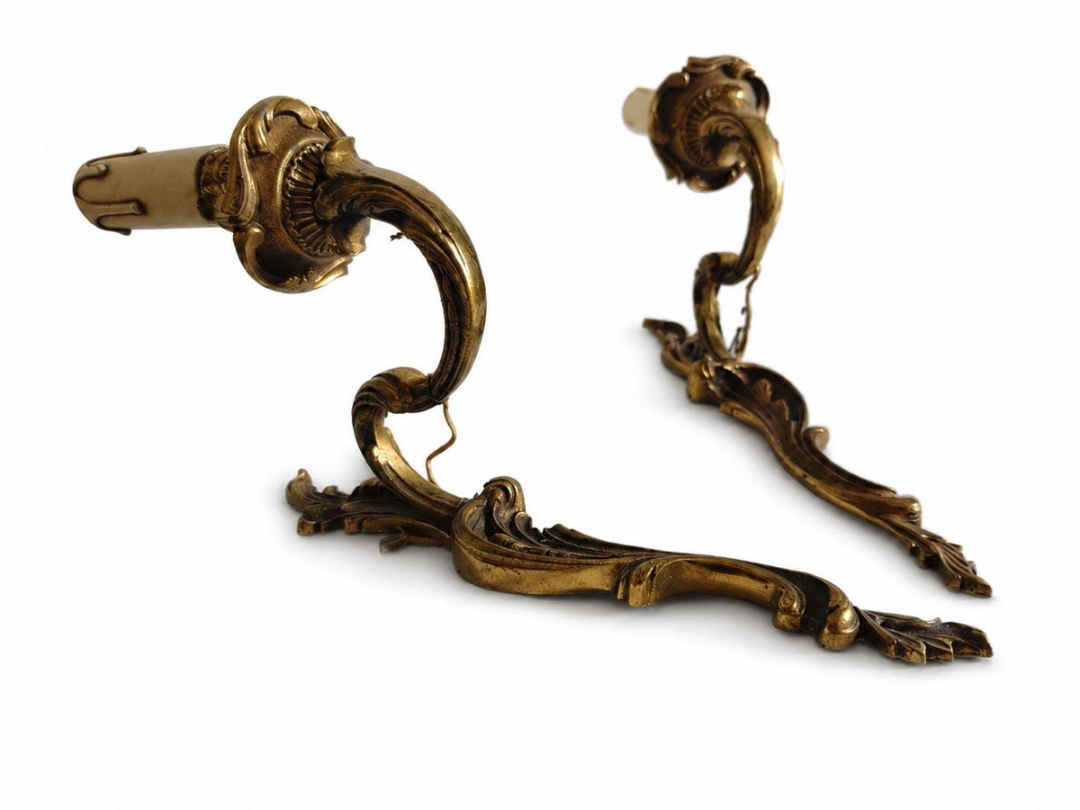 Pair of Antique Brass Wall Sconces, Rococo Style Scrolled Single Arm Sconces