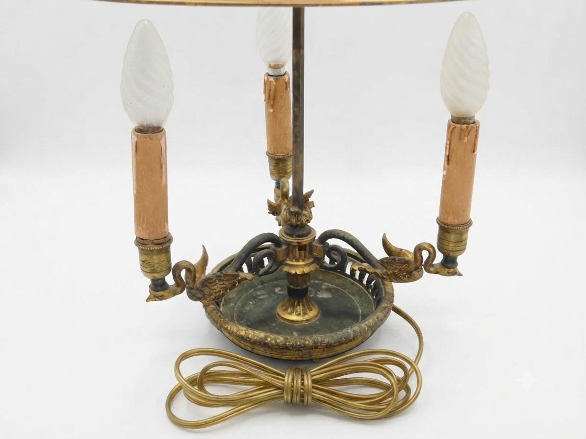 Antique Empire Style Bouillotte Lamp, Painted Tole Shade with Swan Motif, Three-Light Swan Base