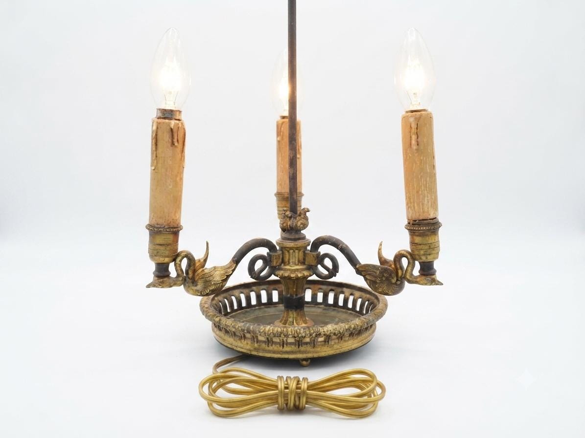 Antique Empire Style Bouillotte Lamp, Painted Tole Shade with Swan Motif, Three-Light Swan Base