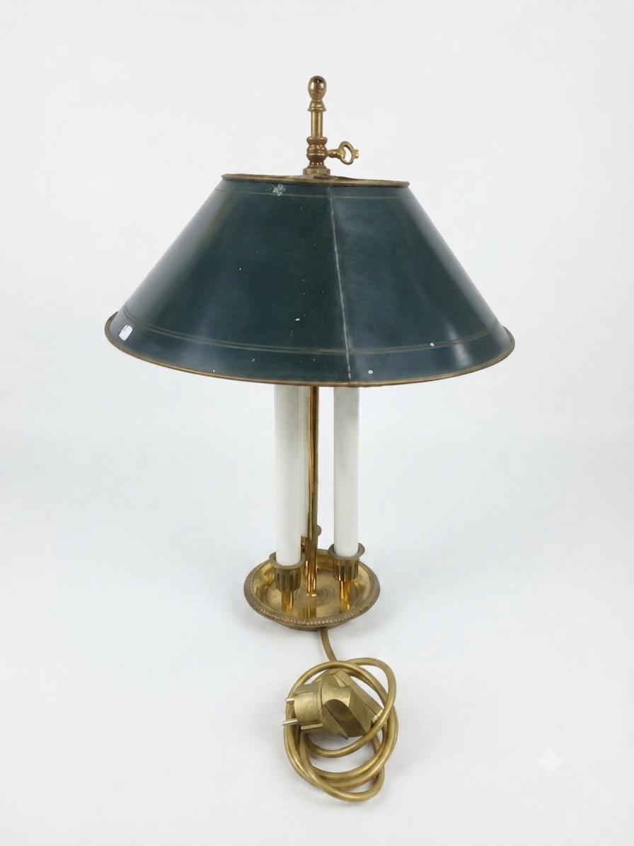 Three-Light Bouillotte Table Lamp, Bronze Base and Green Tole Shade