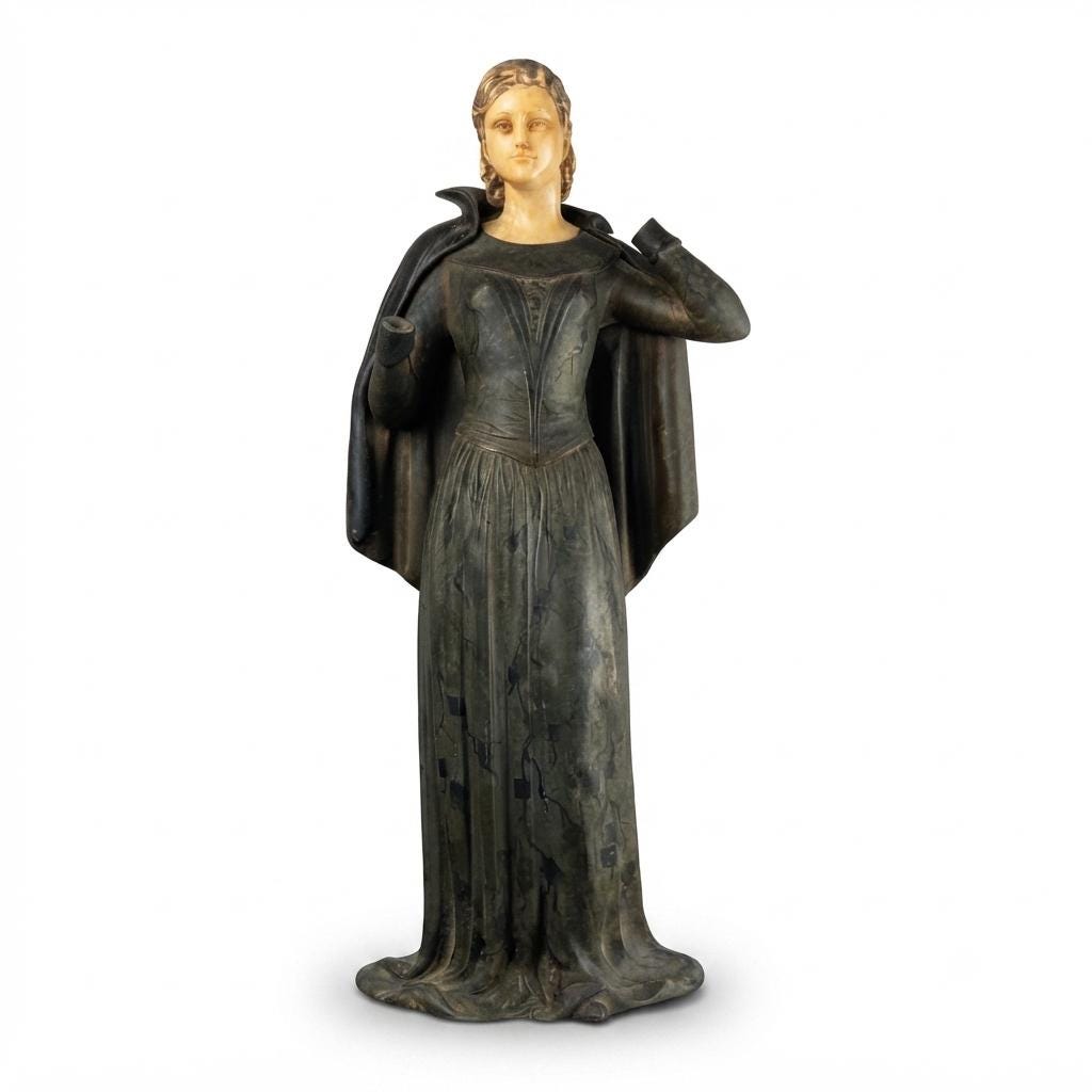 Art Deco Sculpture of a Standing Woman in Flowing Gown, Signed Menneville, 1930s, Two-Tone Patina