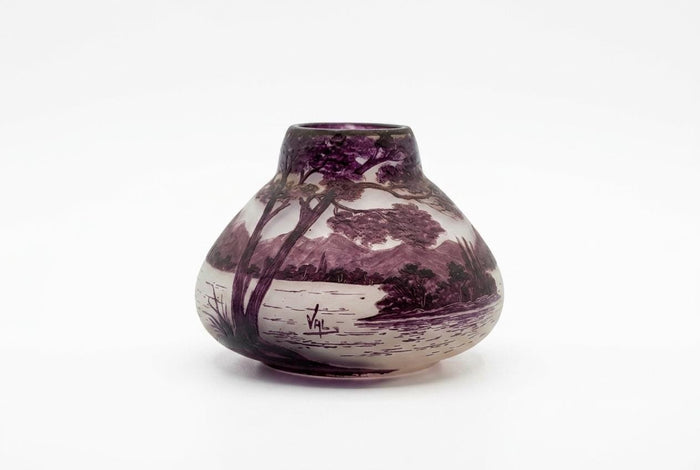 Antique Pâte de Verre Vase Signed Val, Purple Acid-Etched Lakeside Landscape, Squat Bulbous Form
