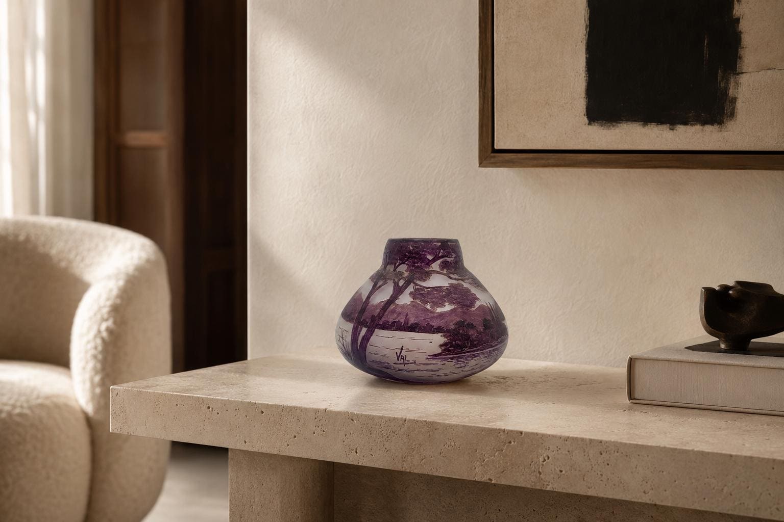Antique Pâte de Verre Vase Signed Val, Purple Acid-Etched Lakeside Landscape, Squat Bulbous Form