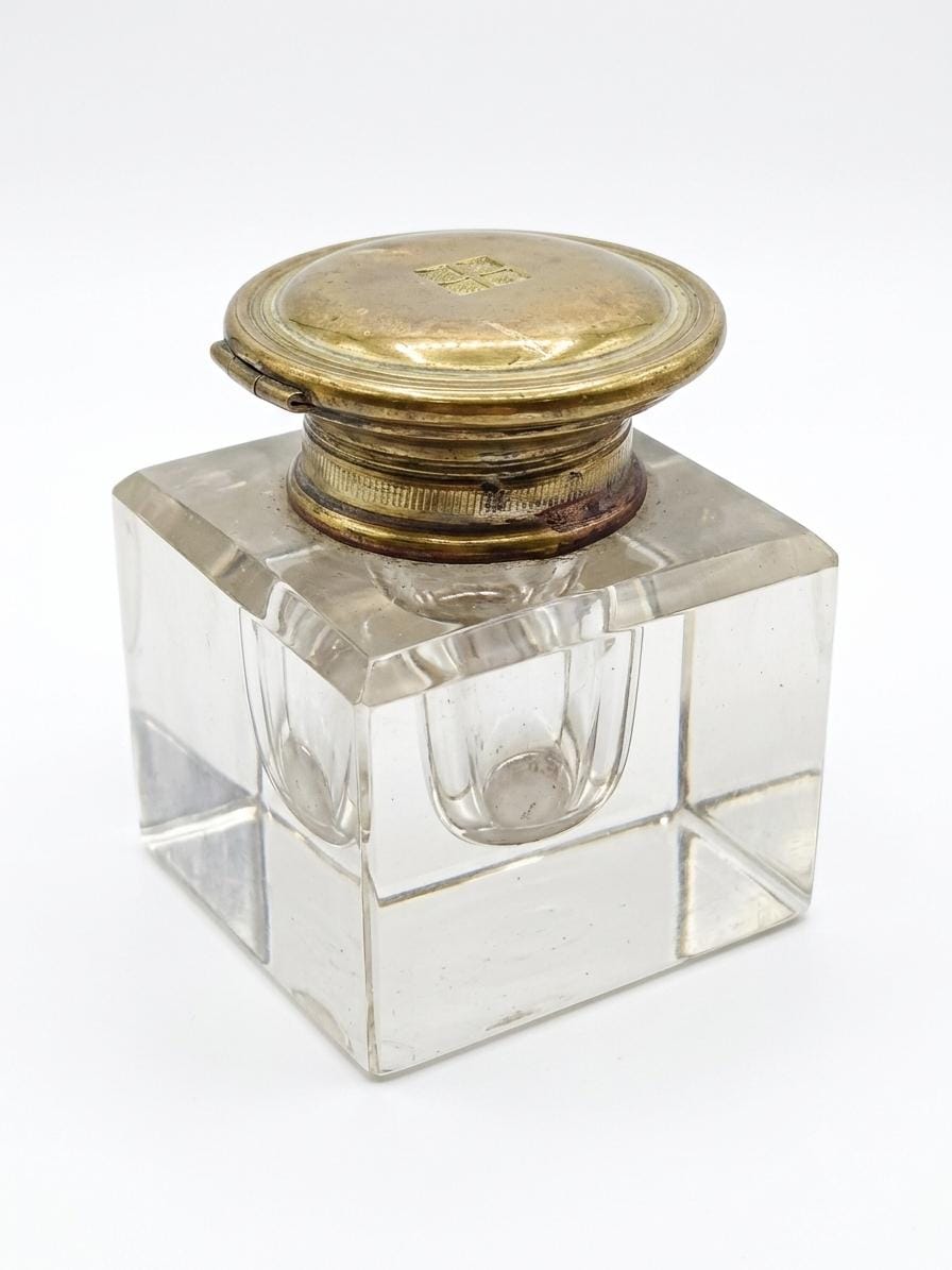 Antique Art Nouveau Bronze and Wood Inkwell, Whiplash Handle Desk Stand with Letter Opener, Circa 1900