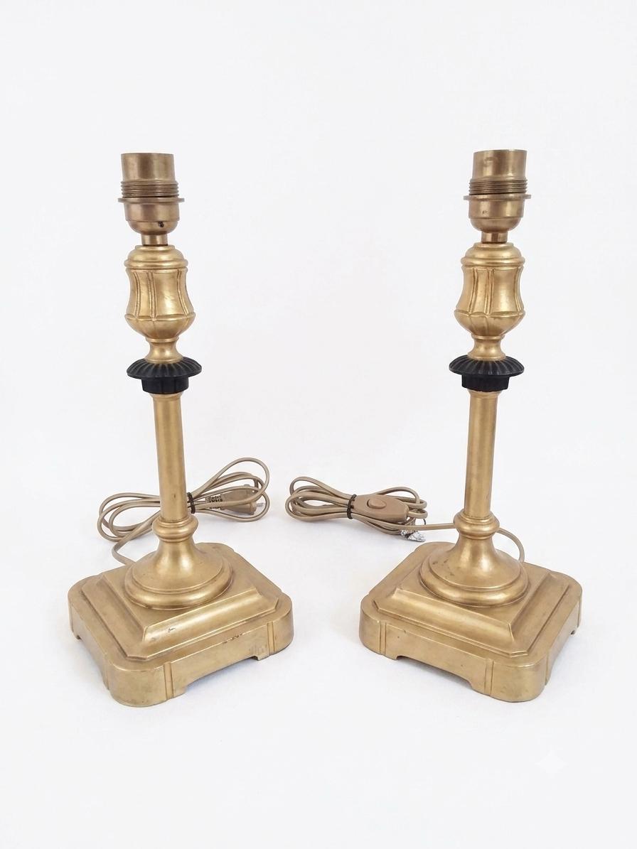 Pair of Gilt Bronze Lamp Bases, 1950s-60s French Column Lamps with Blackened Corolla Details