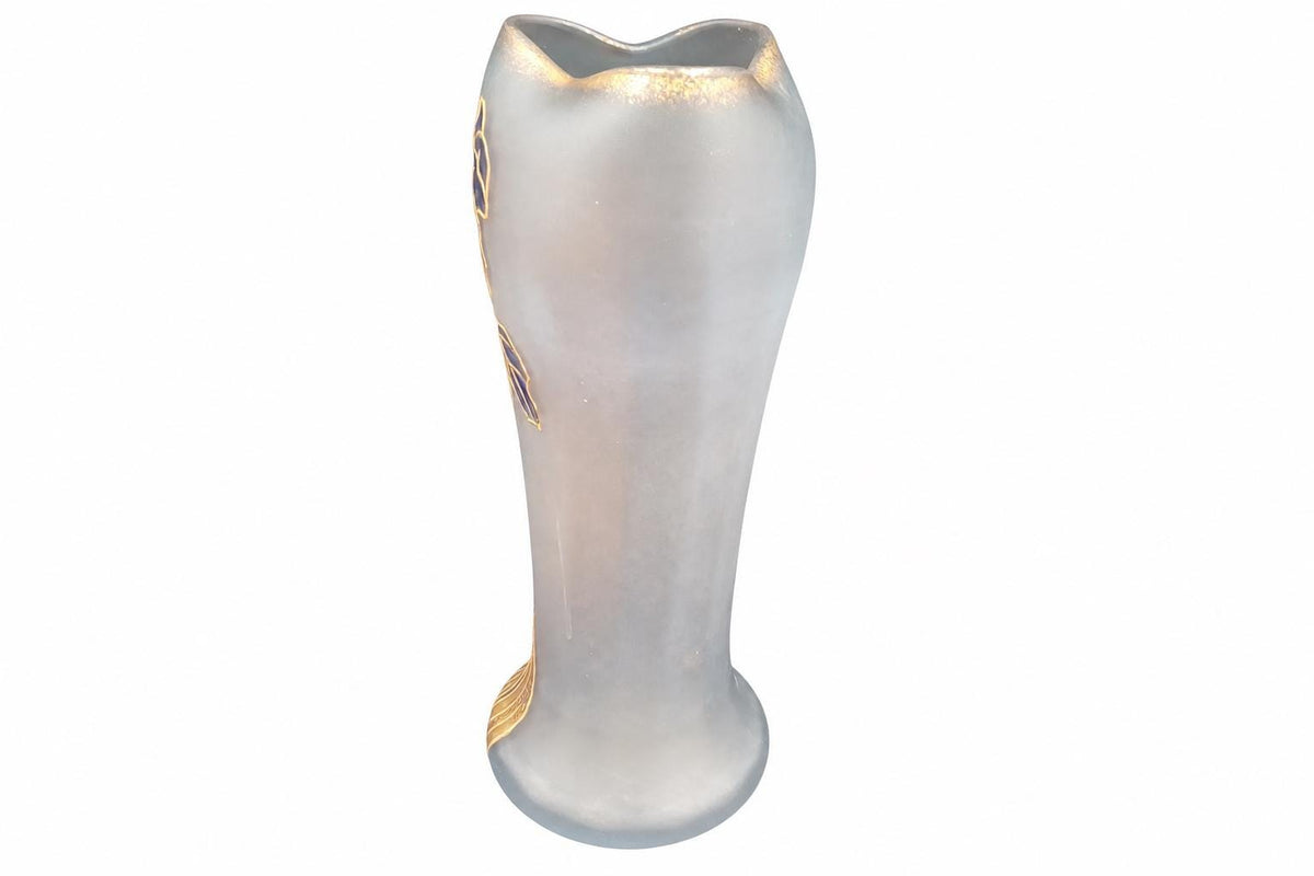 Art Nouveau Frosted Glass Vase, Enamel Iris Decoration in Blue and Gold