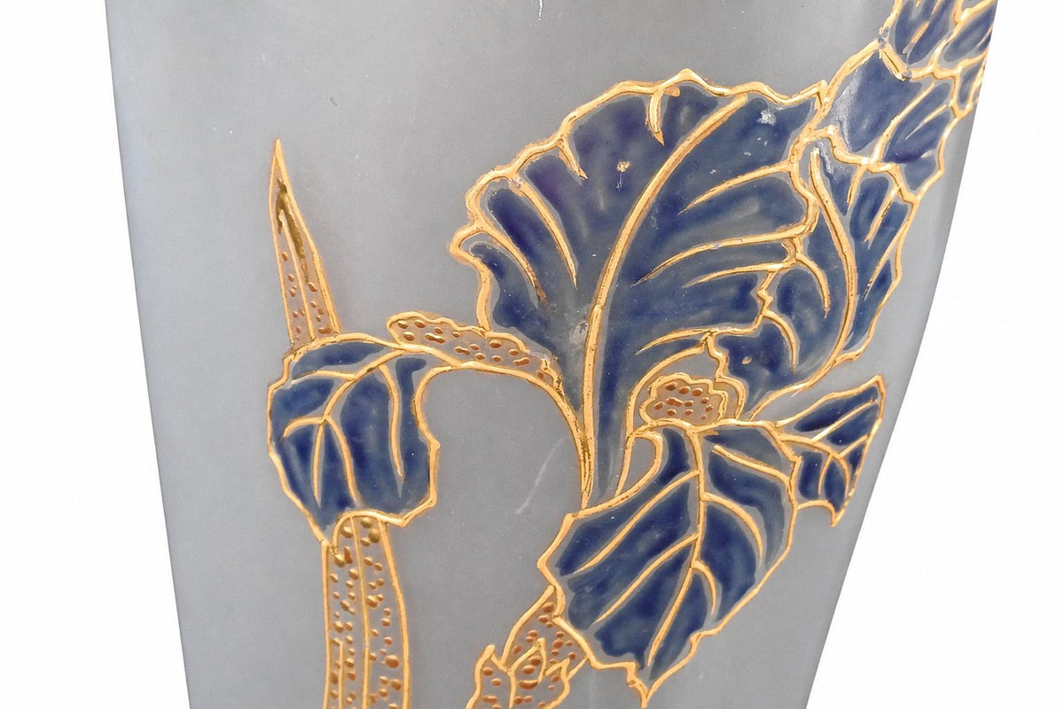 Art Nouveau Frosted Glass Vase, Enamel Iris Decoration in Blue and Gold