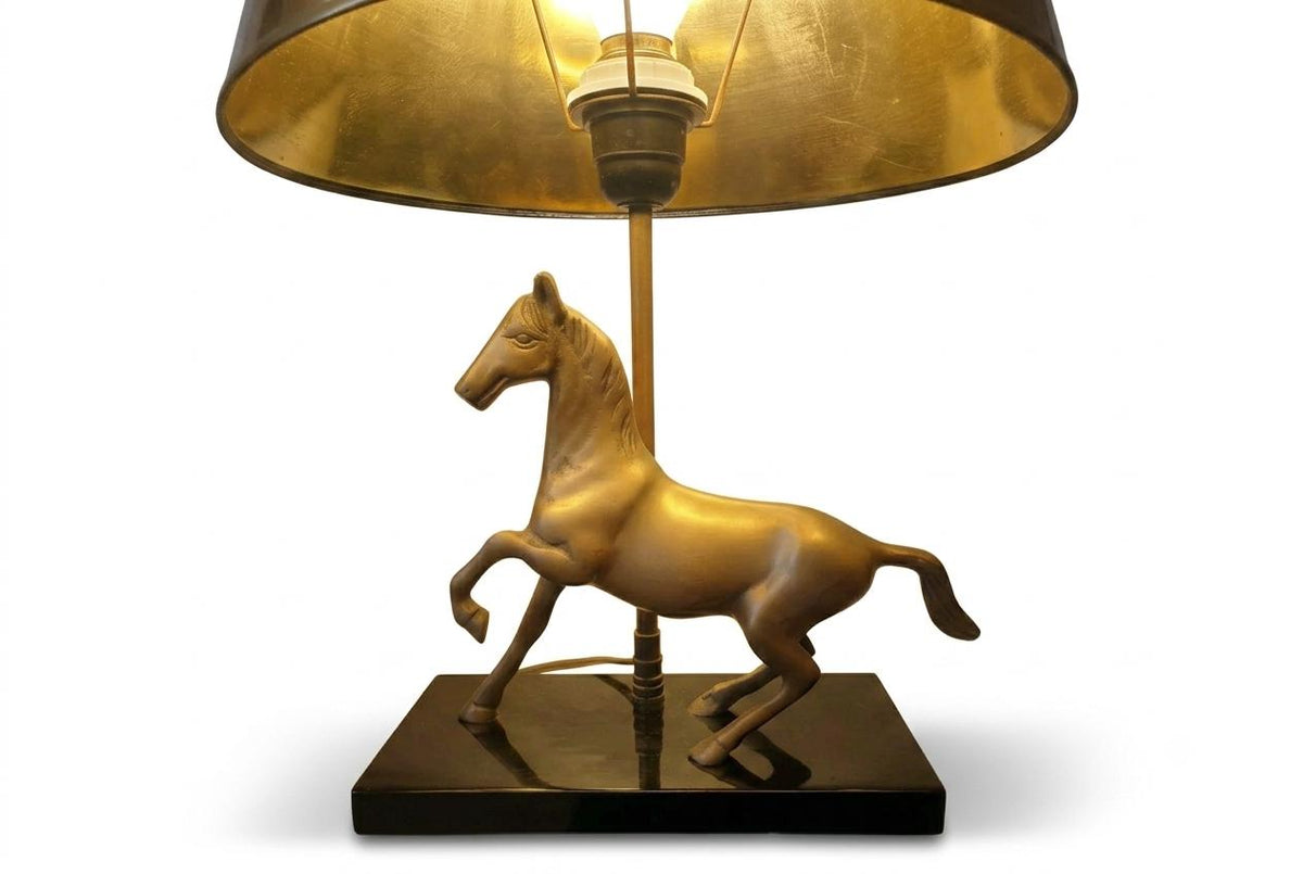 Brass Horse Table Lamp, Galloping Horse Sculpture Base, Maison Charles Style Lacquered Wood