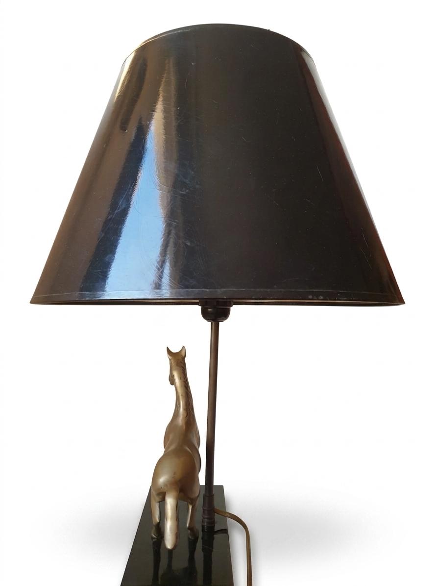 Brass Horse Table Lamp, Galloping Horse Sculpture Base, Maison Charles Style Lacquered Wood