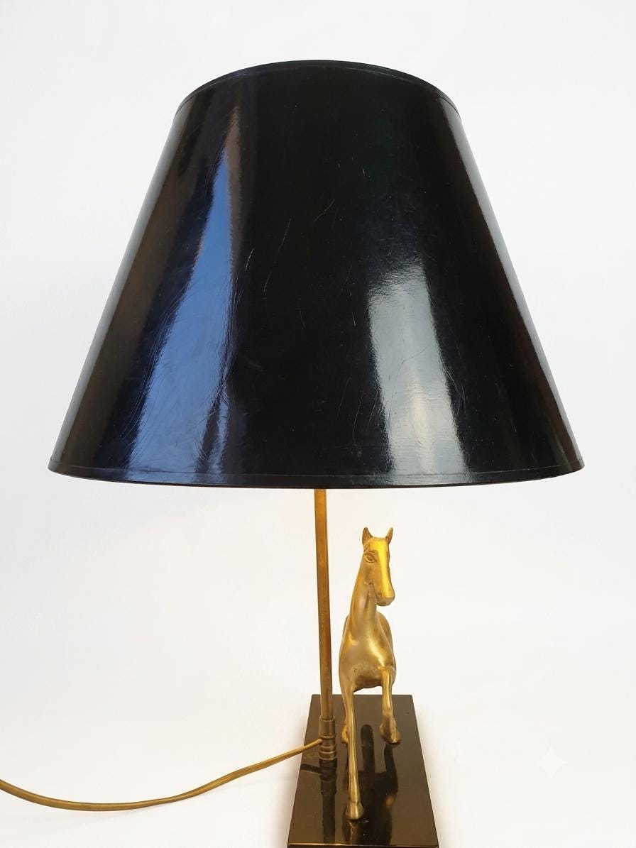 Brass Horse Table Lamp, Galloping Horse Sculpture Base, Maison Charles Style Lacquered Wood