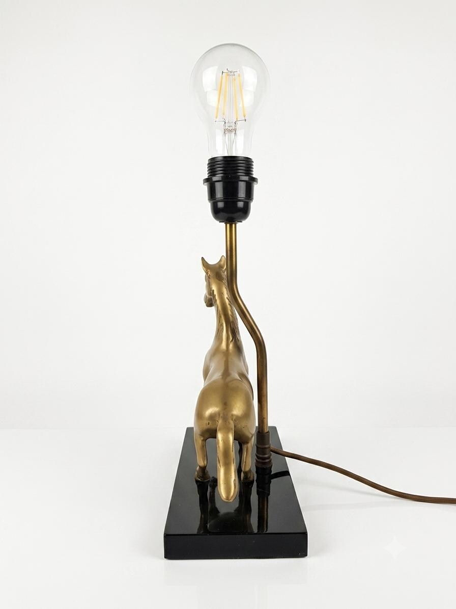 Brass Horse Table Lamp, Galloping Horse Sculpture Base, Maison Charles Style Lacquered Wood