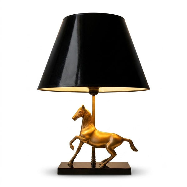 Brass Horse Table Lamp, Galloping Horse Sculpture Base, Maison Charles Style Lacquered Wood