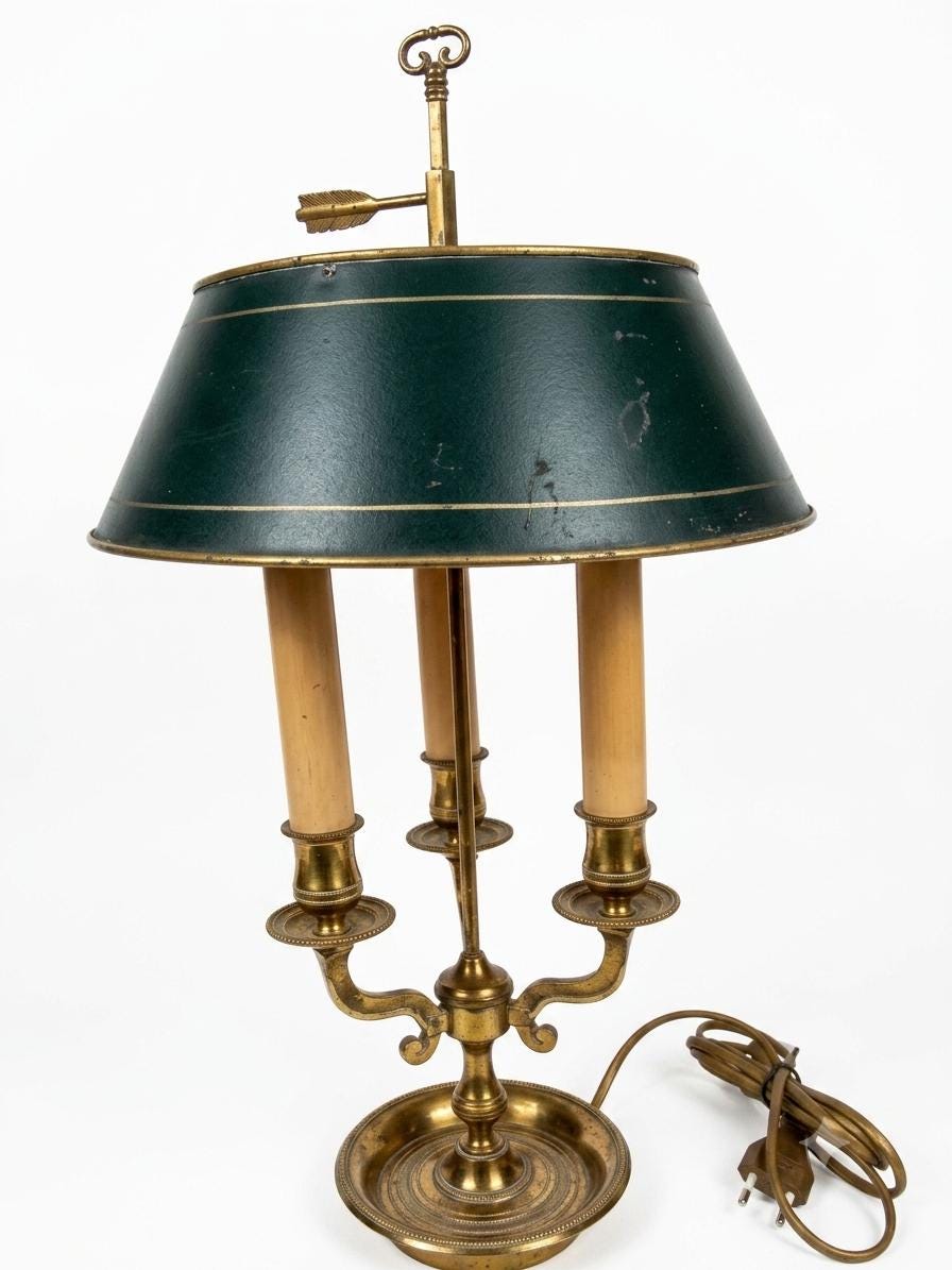 French Empire Style Bouillotte Lamp, Three-Light Brass Base with Green Tole Shade, 1970s