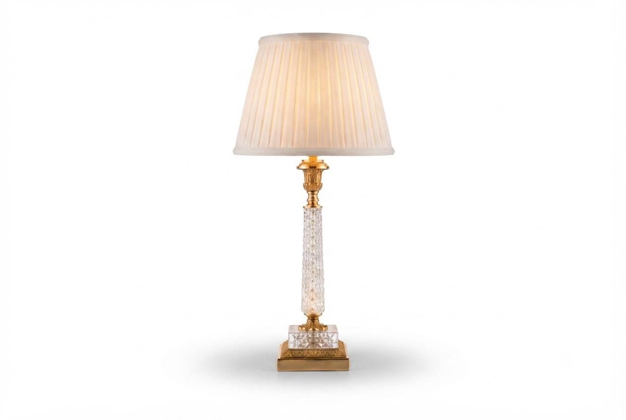 Hollywood Regency Style Cut Glass Table Lamp, Diamond-Cut Column with Brass Fittings
