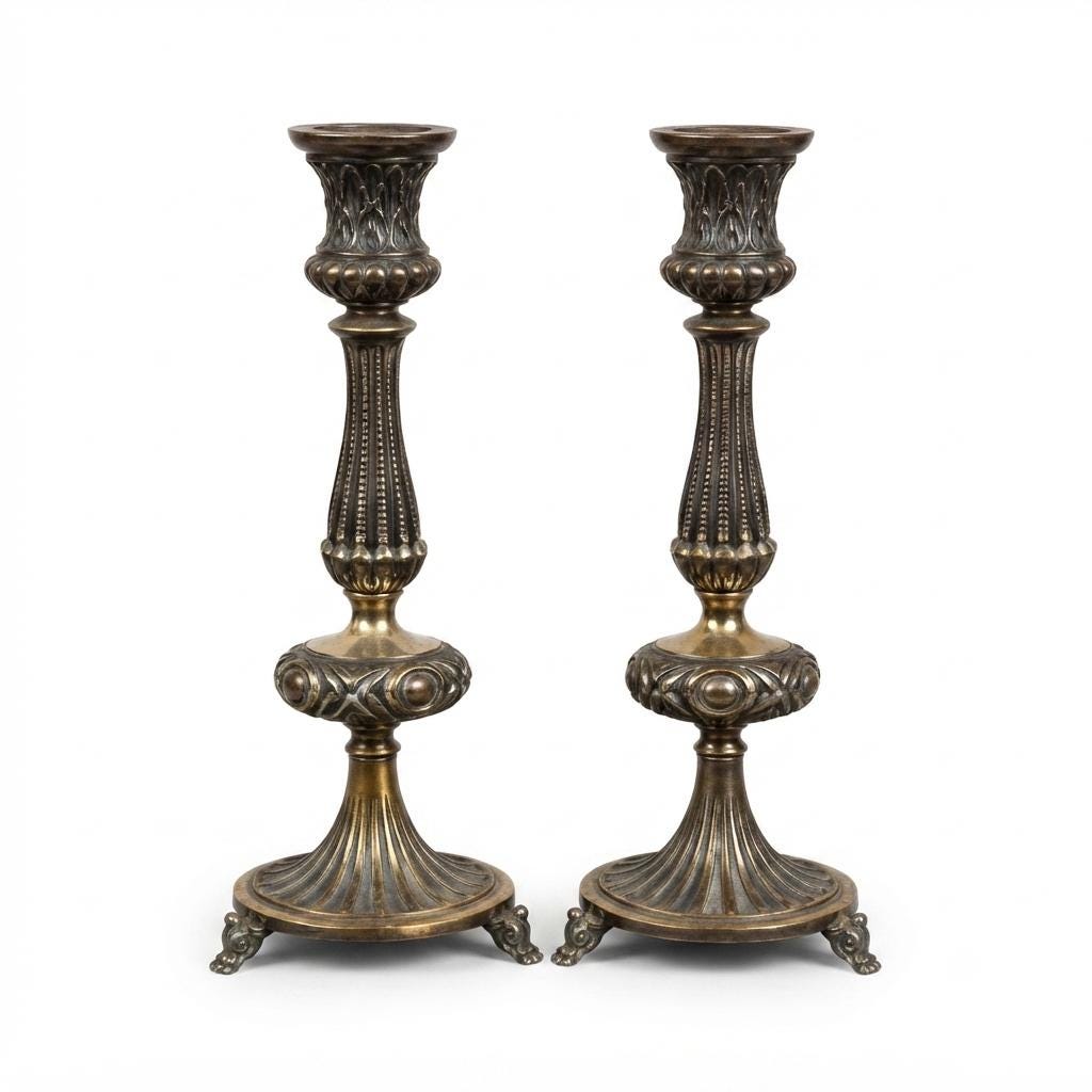 Vintage Candlestick Pair, Neoclassical Empire Style, Lion Paw Feet, 1950s