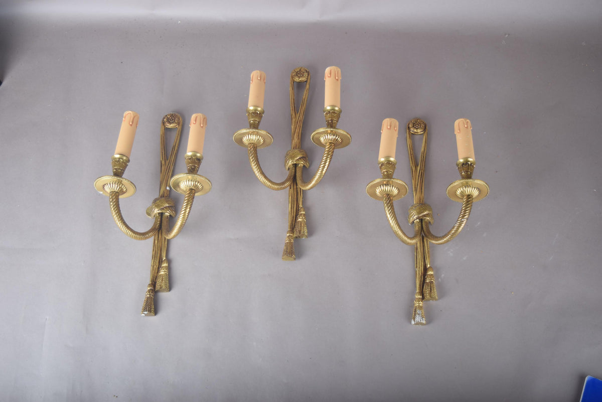 Vintage Brass Wall Sconces, Rope and Tassel Motif, Set of Three, Double Arm