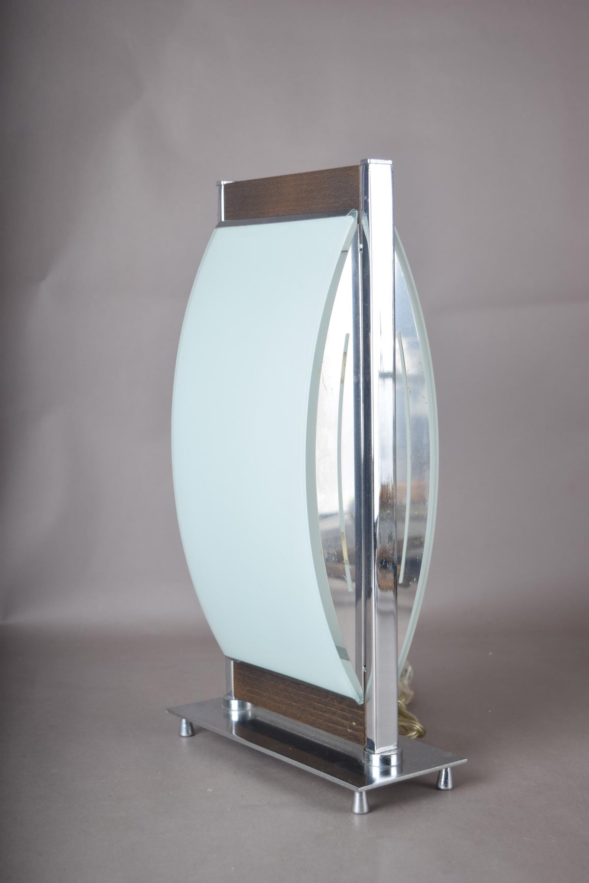 Vintage Chrome and Frosted Glass Table Lamp, Curved Oval Glass Panel Lamp with Walnut Accents, Mid-Century Modern Design