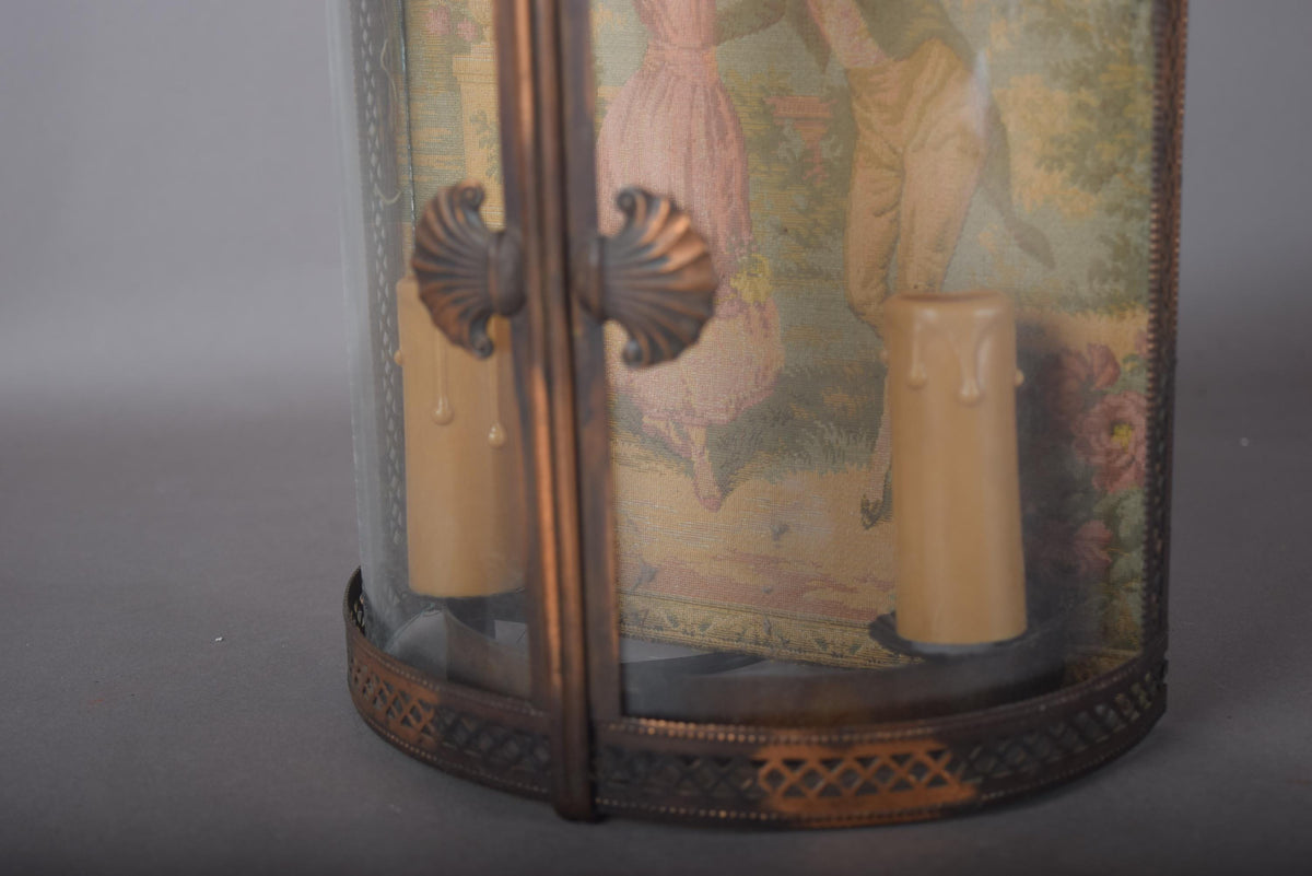 Antique Curved Glass Wall Lamp, Brass Fretwork Vitrine Sconce with fabric Garden Scene, Twin Candle-Form Lights