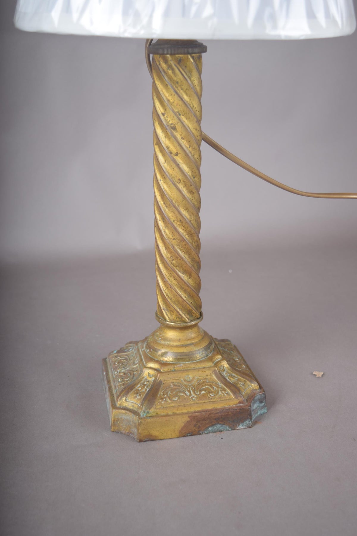 Antique Brass Table Lamp, Twisted Rope Column on Embossed Hexagonal Base, New Shade Included