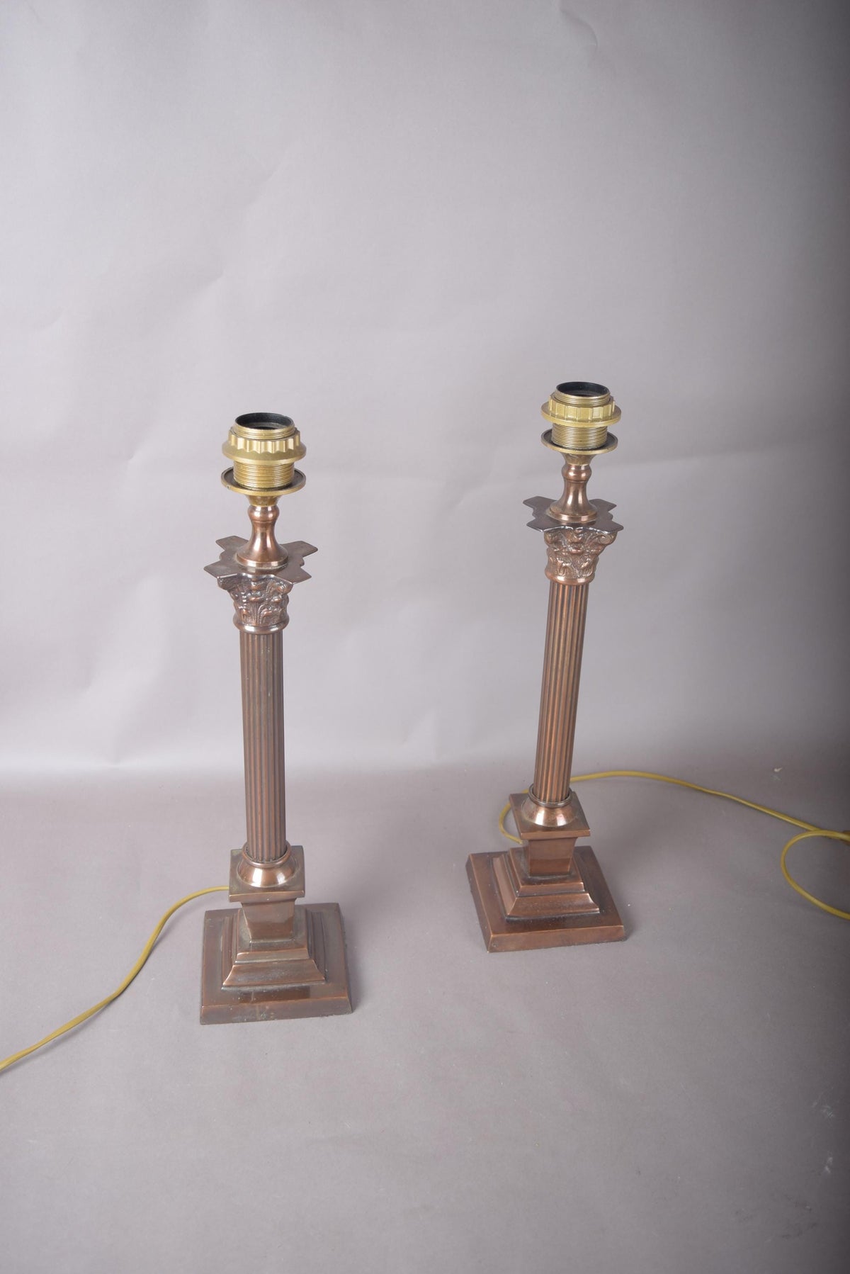 Pair of Antique Brass Corinthian Column Table Lamps, Fluted Column Lamps with New Pleated Shades