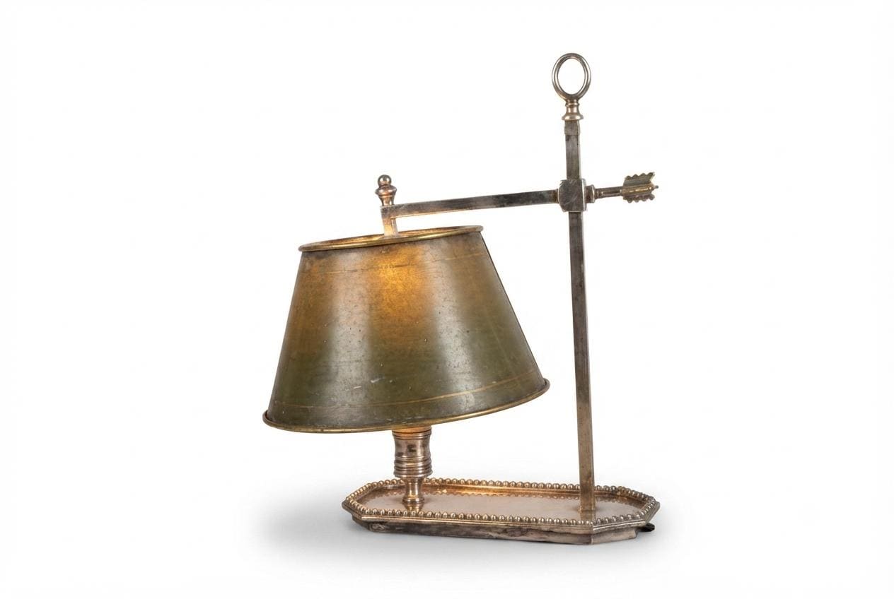 Single-Arm Bouillotte Desk Lamp, Silvered Metal with Arrow Locking Mechanism, Olive Tole Shade, 1950s