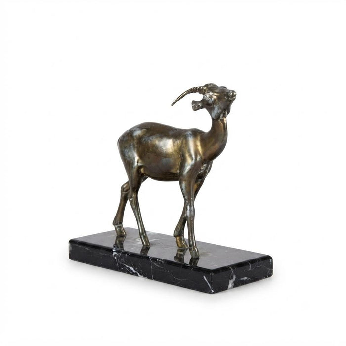 Vintage Spelter Antelope Sculpture, Art Deco Style, Black Marble Base, 1930s