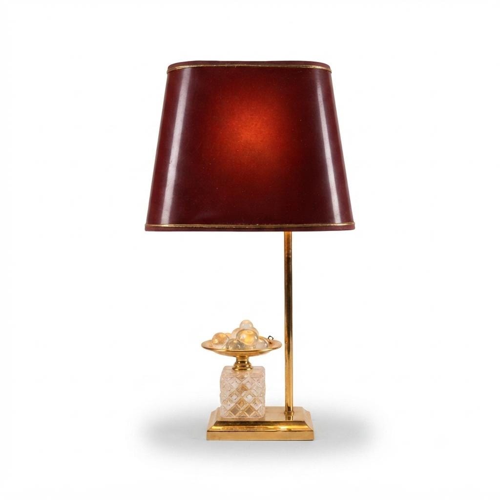 Vintage 1970s French Table Lamp, Red Tole Shade, Cut Glass Base with Glass Fruit Accent