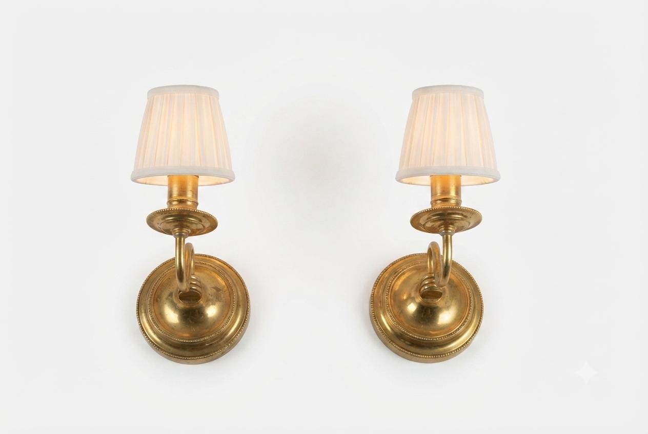 Vintage Brass Wall Sconces, French Style Curved Arm, Candle-Style Fitting, Pair